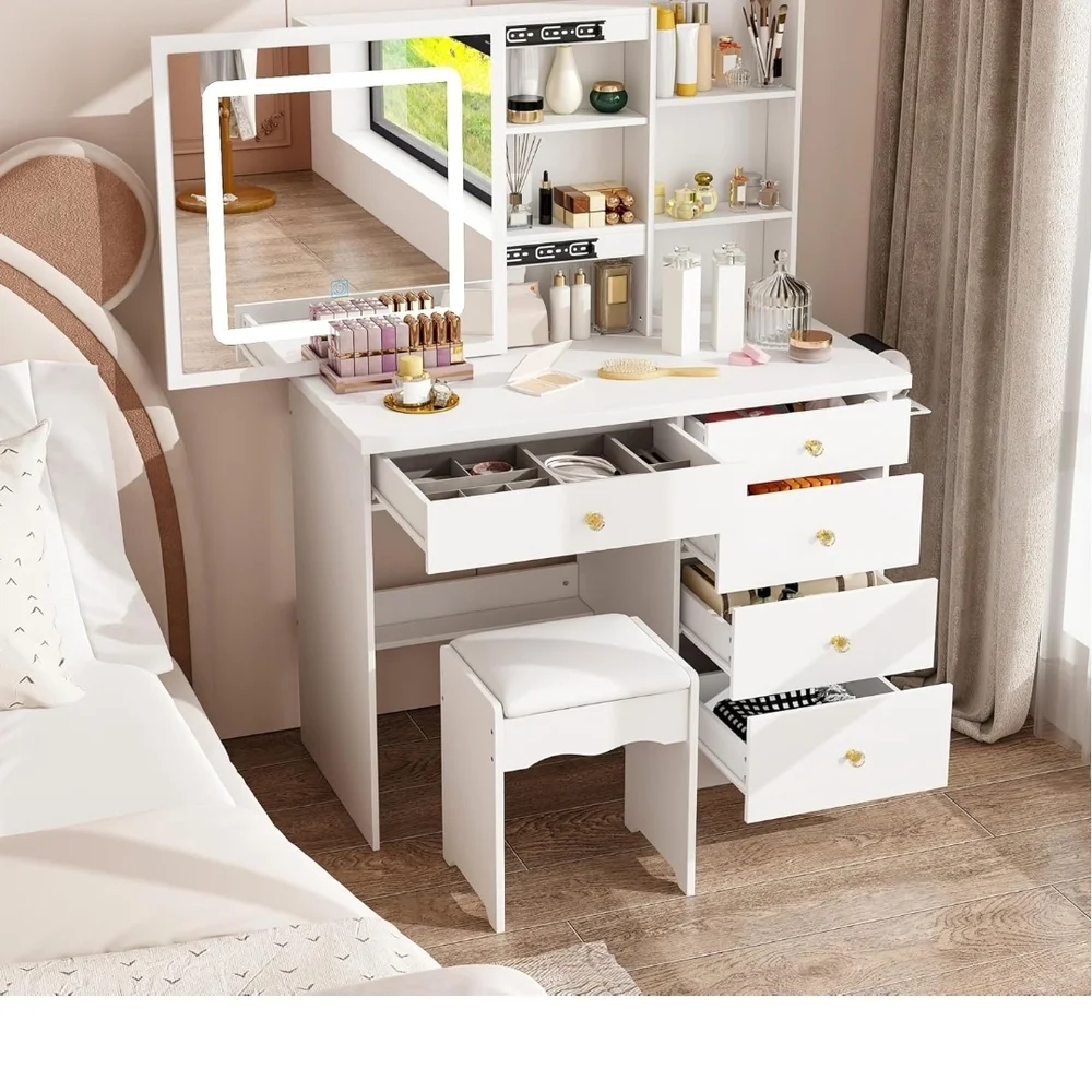 White Vanity Table with Mirror and Stool